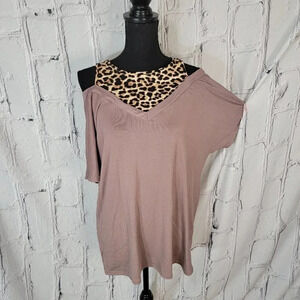 Two in One Layered Shirt Womens Cold Shoulder Blouse Top Leopard Print Relaxed L